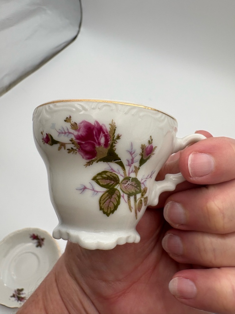 Vintage Floral Porcelain Tea Cup, Saucer, and Cake Plate Set - Picture 12 of 16